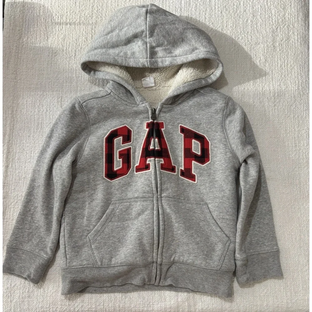 Baby Gap zip up Fleece Hoodie Jacket Gray 5 Years Buffalo Plaid Warm EUC